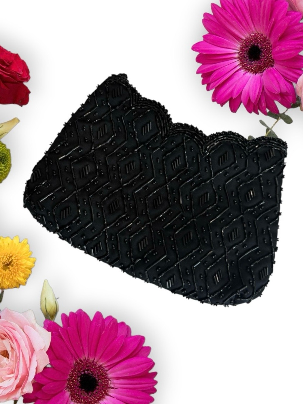 Valerie Stevens Black Beaded Scalloped Clutch